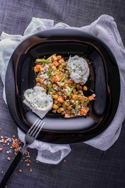 Potato Hash with Asparagus,  Chickpeas, & Poached Eggs