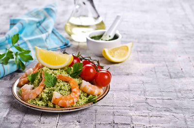 Hot Bulgur & Lentil Salad  with Shrimp