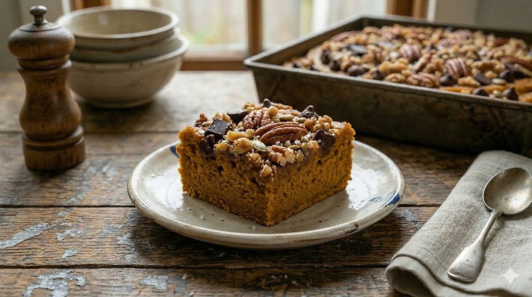 Pumpkin Snack Cake with Dark Chocolate & Nut Crunch