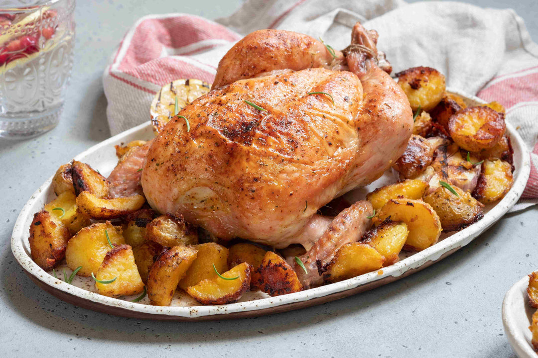 Roasted Chicken,  Garlic Potatoes &  Red Peppers