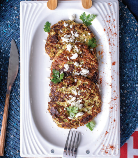 Zucchini, Pea, & Halloumi Fritters