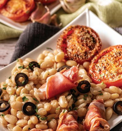 Roasted Tomatoes with Beans, Olives & Prosciutto