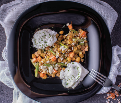 Potato Hash with Asparagus, Chickpeas, & Poached Eggs