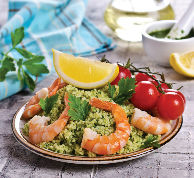 Hot Bulgur & Lentil Salad with Shrimp