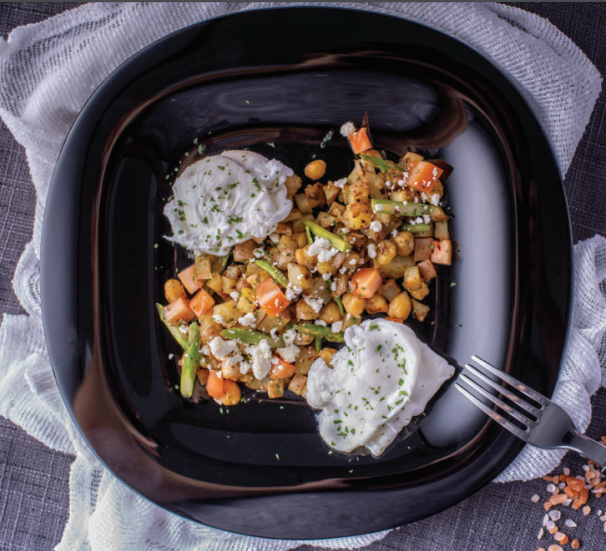 Potato Hash with Asparagus, Chickpeas & Poached Eggs